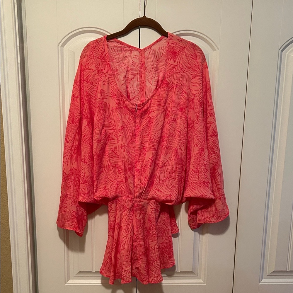 easel Coral Pink Leaf-Print Tie-Waist Blouse
